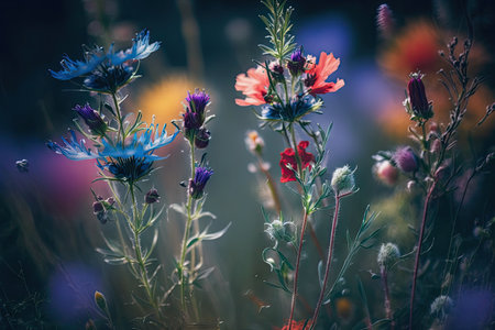 close-up of meadow flowers, with their delicate and vibrant colors visible, created with generative aiの素材