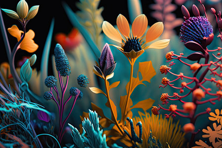close-up of meadow flowers, including vibrant colors and unique shapes, created with generative aiの素材