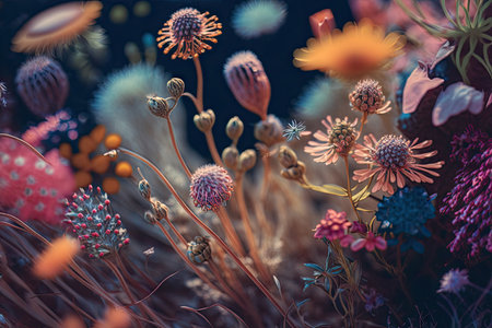 close-up of meadow flowers, with their vibrant colors and intricate details visible, created with generative aiの素材