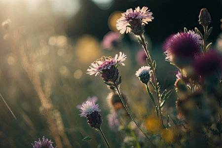 close-up of meadow flowers, with a blurry background, created with generative aiの素材