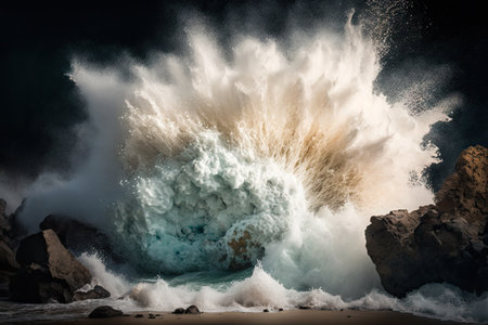 wave crashing into rocky shore, creating bursts of foam, created with generative aiの素材
