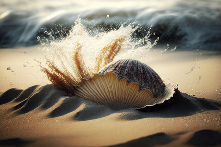 clam digging its way out of the sand on a beach with splashing waves, created with generative aiの素材