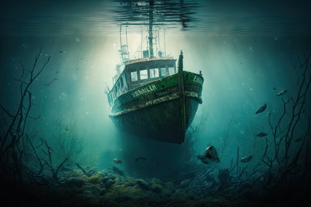 derelict fishing boat anchored to the ocean floor in murky water, created with generative aiの素材