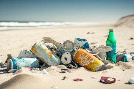 trash-strewn beach with broken bottles and cans, created with generative aiの素材