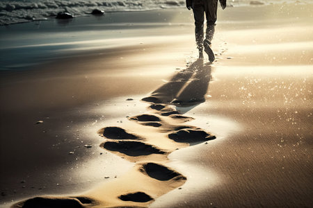 person, walking along the shoreline of the ocean, feeling the sand between their toes, created with generative aiの素材