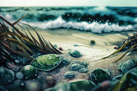 messy ocean water with seaweed and shells on the beach, created with generative aiの素材