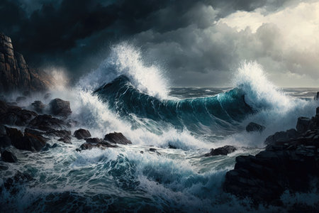 messy ocean coast with storm in the background, waves crashing against rocks and into each other, created with generative aiの素材