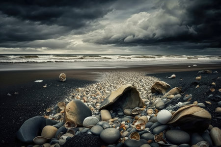 beach with broken shells and pebbles, surrounded by dreary sky, created with generative aiの素材
