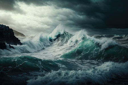 view of stormy ocean with crashing waves and powerful winds, created with generative aiの素材