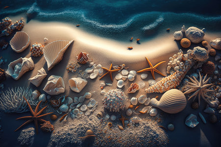 sprawling beach, with dozens of seashells, starfish and other treasures, created with generative aiの素材