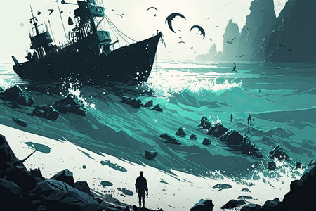 messy ocean coast with fishing boat in the background, casting a shadow, created with generative aiの素材