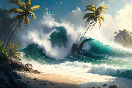 tropical beach with towering waves and palm trees in the background, created with generative aiの素材