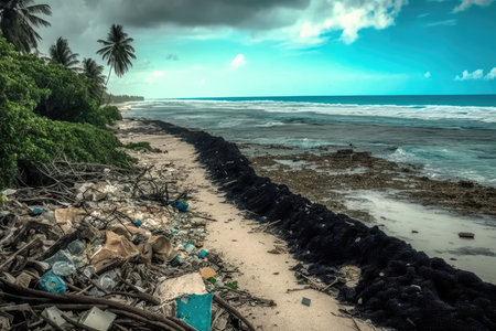 dirty shoreline covered in debris and trash, but with clear views of the ocean, created with generative aiの素材