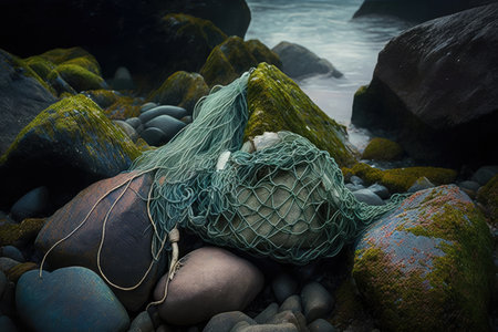 washed-up fishing net tangled among the rocks and seaweed, created with generative aiの素材
