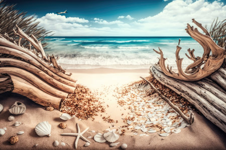 tropical beach with scattered shells and driftwood, surrounded by endless ocean, created with generative aiの素材