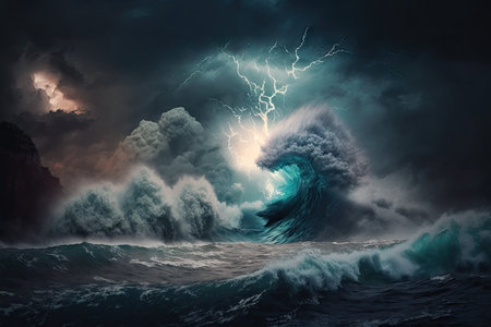 massive storm brewing in the ocean, with towering waves and lightning, created with generative aiの素材