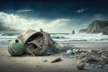 washed-up flotsam and jetsam on a windswept beach, with crashing waves in the background, created with generative aiの素材