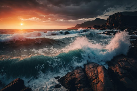 sunset view of ocean, with waves crashing against the rocky coastline, created with generative aiの素材