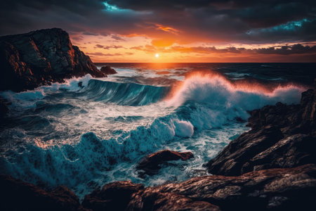 sunset view of ocean, with waves crashing against the rocky coastline, created with generative aiの素材