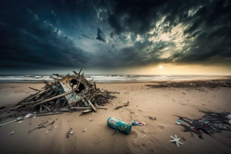 beach littered with trash and plastic debris, a reminder of humanitys impact on the environment, created with generative aiの素材