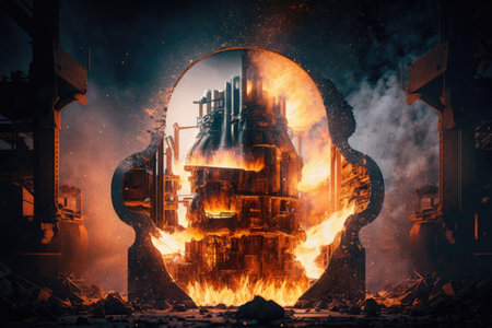 double exposure of smelting furnace, with flames and sparks flying, created with generative aiの素材