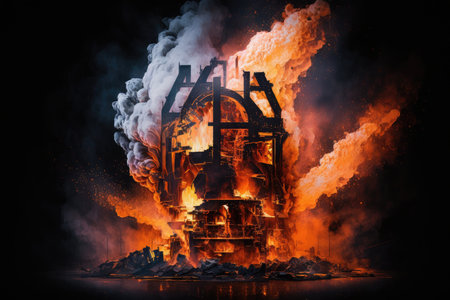 double exposure of smelting furnace, with flames and sparks flying, created with generative aiの素材
