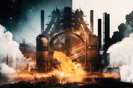 double exposure of smelting furnace and refinery, with flames and smoke, created with generative aiの素材