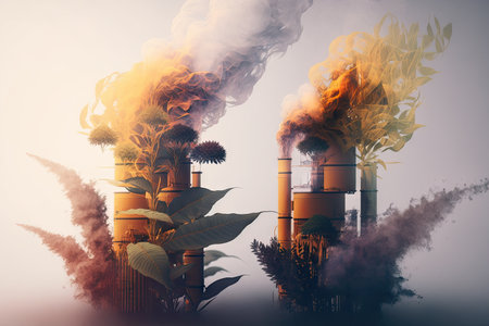 double exposure of plant with active furnaces and smoke pouring out, created with generative aiの素材