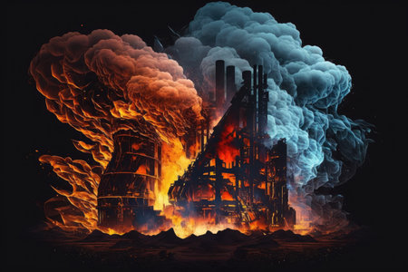 double exposure of blast furnace and smelting furnace, with flames and smoke, created with generative aiの素材