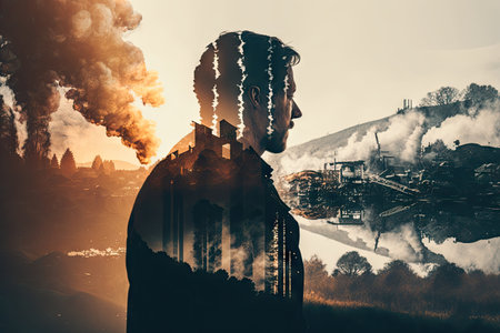 double exposure of metallurgical industry with idyllic natural landscape and person, created with generative aiの素材