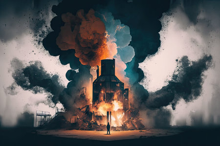 double exposure of a smelting furnace with flames and smoke against the sky, created with generative aiの素材