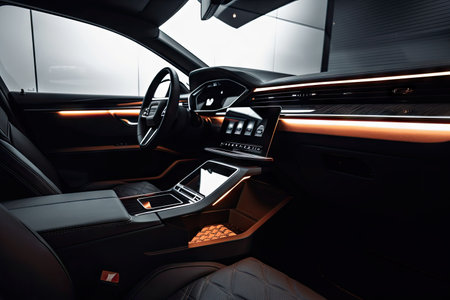 modern car interior with minimalist design, featuring clean lines and premium materials, created with generative aiの素材