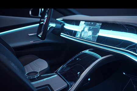 futuristic car interior, with advanced touchscreens and holographic displays, created with generative aiの素材