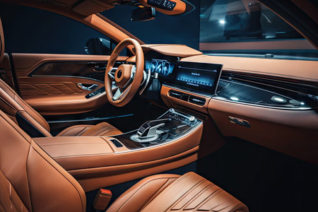 luxury car interior with high-end materials, sleek and stylish design, and impressive technology, created with generative aiの素材