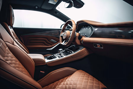 modern car interior with sleek and minimalistic design, clean lines and functional elements, created with generative aiの素材
