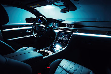 luxurious modern car interior with leather seats, touch screen and ambient lighting, created with generative aiの素材