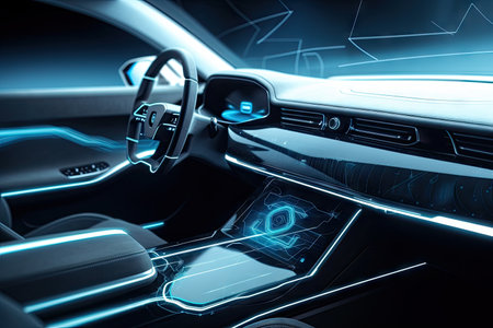 view of futuristic car interior with holographic display and touch-sensitive controls, created with generative aiの素材