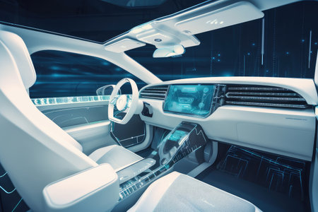 high-tech car interior with augmented reality features, holographic displays and touchscreens, created with generative aiの素材