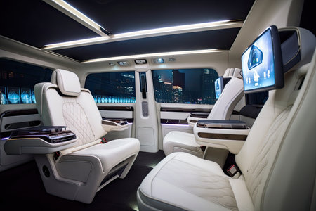 luxury car interior with wrap-around seats, minibar, and touchscreen entertainment system, created with generative aiの素材