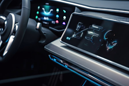 dashboard with touch screen and wireless connectivity, for modern car interior, created with generative aiの素材
