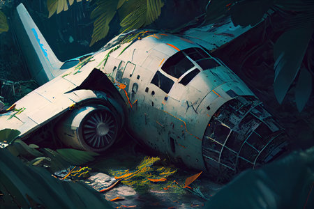 close-up of plane wreck, with debris scattered across jungle floor, created with generative aiの素材