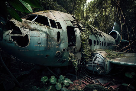 plane wreck surrounded by imposing jungle foliage, with vines and creepers growing on the wreckage, created with generative aiの素材