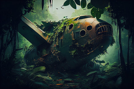plane wreck surrounded by lush jungle vegetation with insects buzzing, created with generative aiの素材
