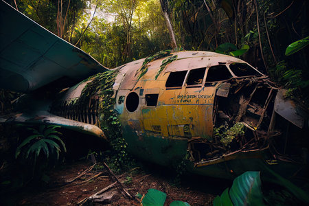 plane wreck overgrown with vines and surrounded by exotic plants in jungle setting, created with generative aiの素材