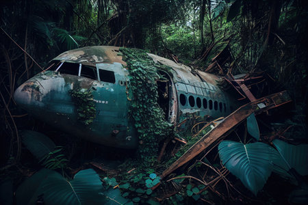 remains of plane wreck in jungle, surrounded by vines and foliage, created with generative aiの素材