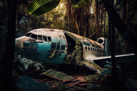 plane wreck in jungle surrounded by towering trees and exotic foliage, created with generative aiの素材