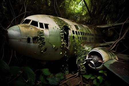plane wreck, covered in vines and foliage, with glimpses of the jungle visible, created with generative aiの素材