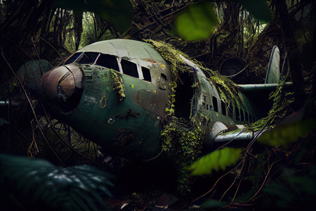close-up of plane wreck in jungle, with moss and vines growing on the wreckage, created with generative aiの素材