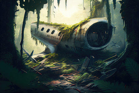 plane wreck surrounded by dense jungle, with vines creeping up the wreckage, created with generative aiの素材