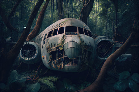 plane wreck surrounded by dense jungle, with towering trees and vines, created with generative aiの素材
